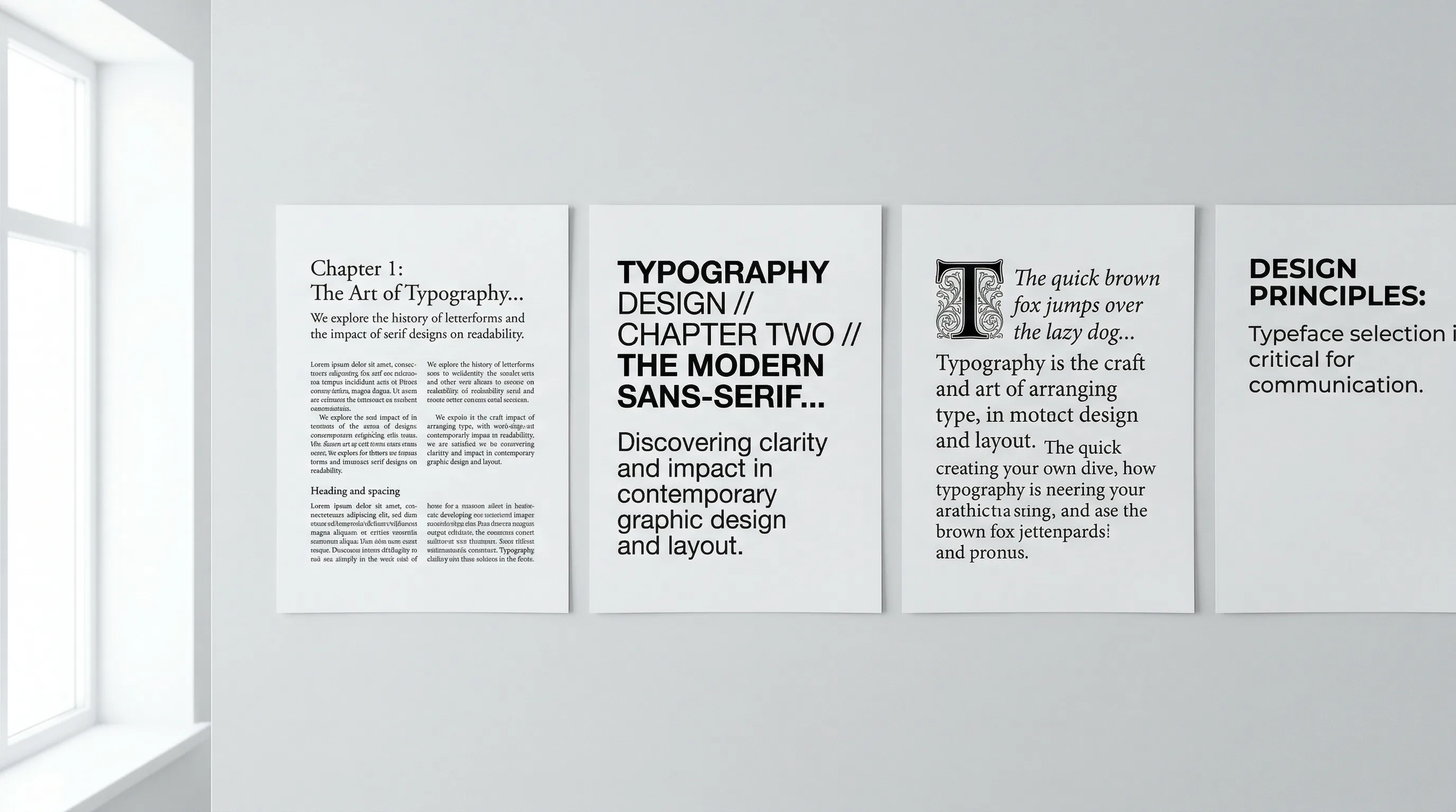 Several printed pages spread out showing different typefaces and font samples