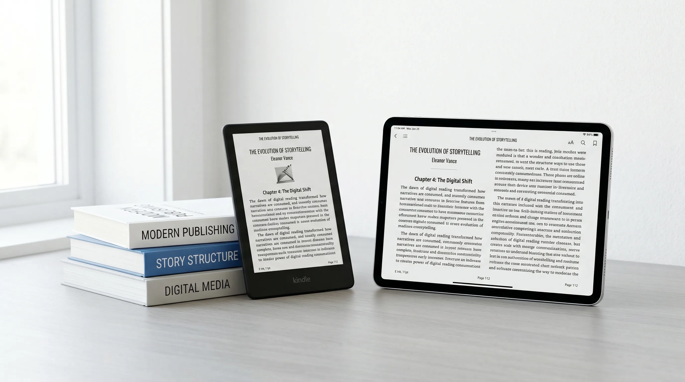 Kindle e-reader next to a tablet showing the same ebook at different screen sizes