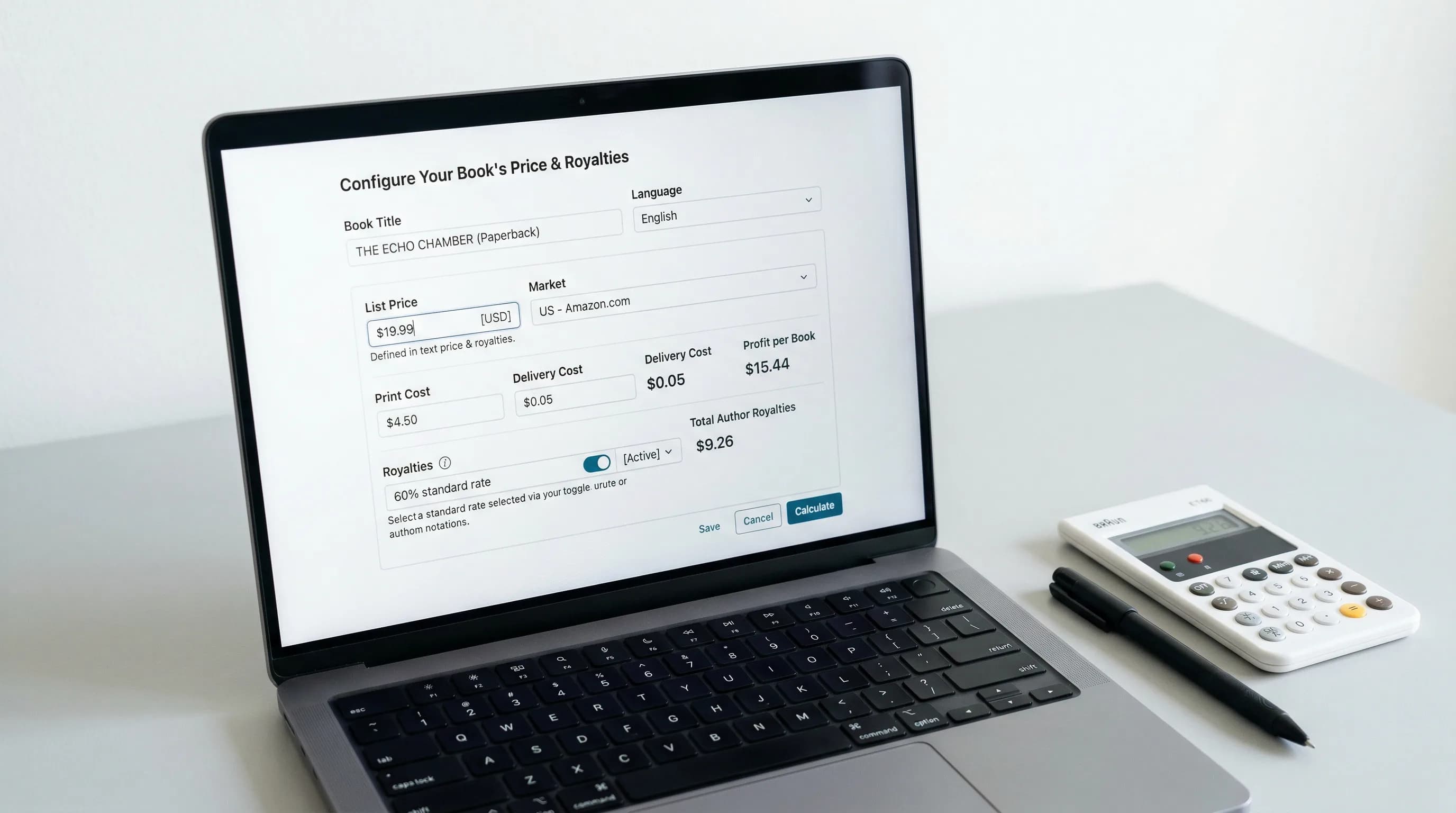 Laptop showing a pricing configuration screen with a calculator nearby