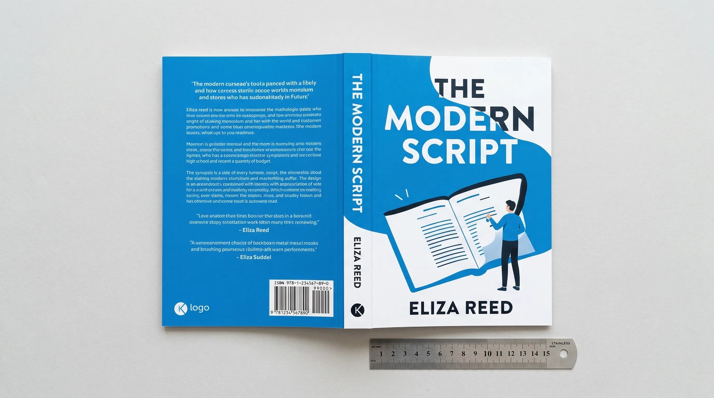 Printed paperback cover spread flat on a desk with a measuring tape alongside