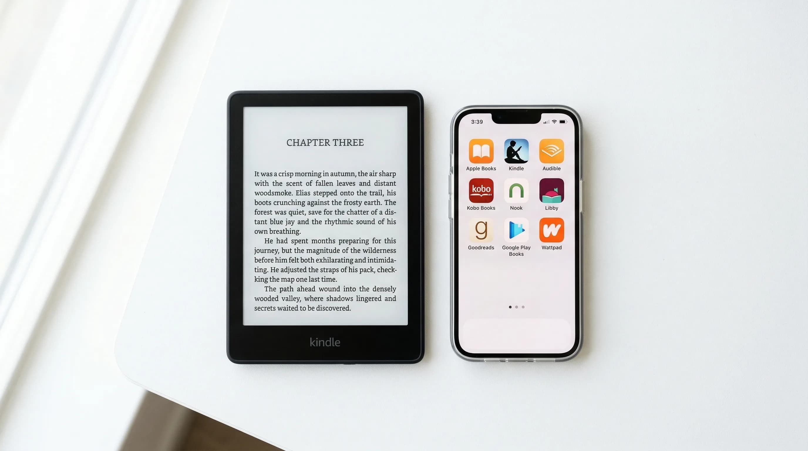 Kindle showing a Kindle Unlimited book next to a phone showing multiple bookstore apps